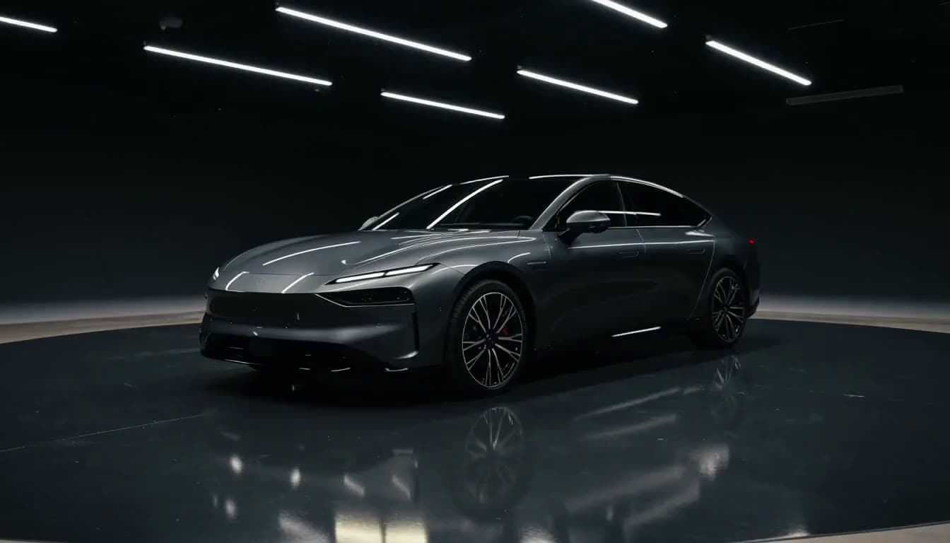 A sleek modern car with no badges, no emblems and no number plates, in glossy dark grey paint, under showroom spotlights on a polished dark floor.