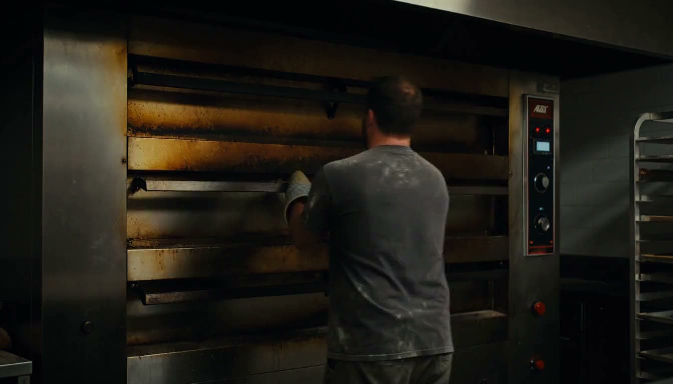 A bakery at 4 a.m.: the baker, seen from behind, opens a big deck oven and warm light and steam pour out.
