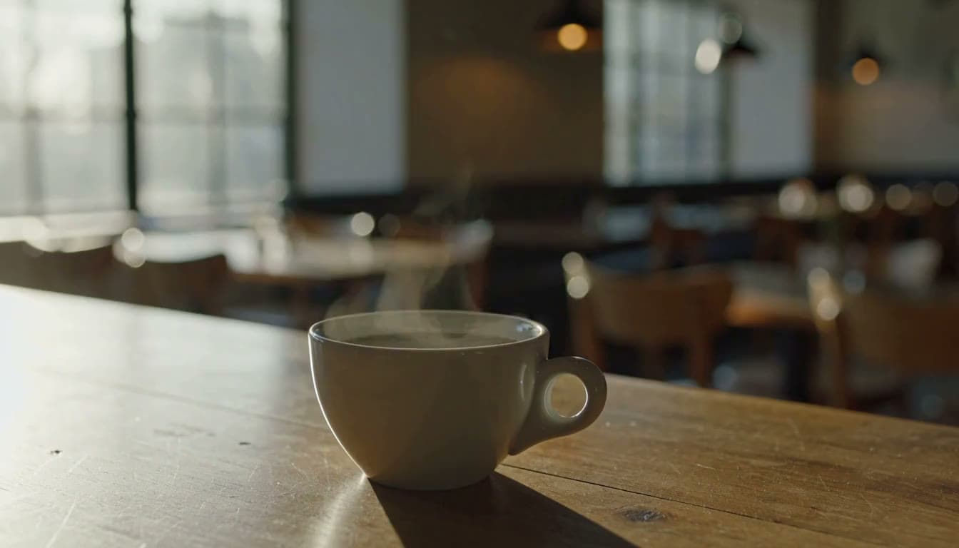 A white ceramic cup of coffee steaming on a wooden café counter in low morning window light, the steam curling slowly upward, a blurred empty café behind.