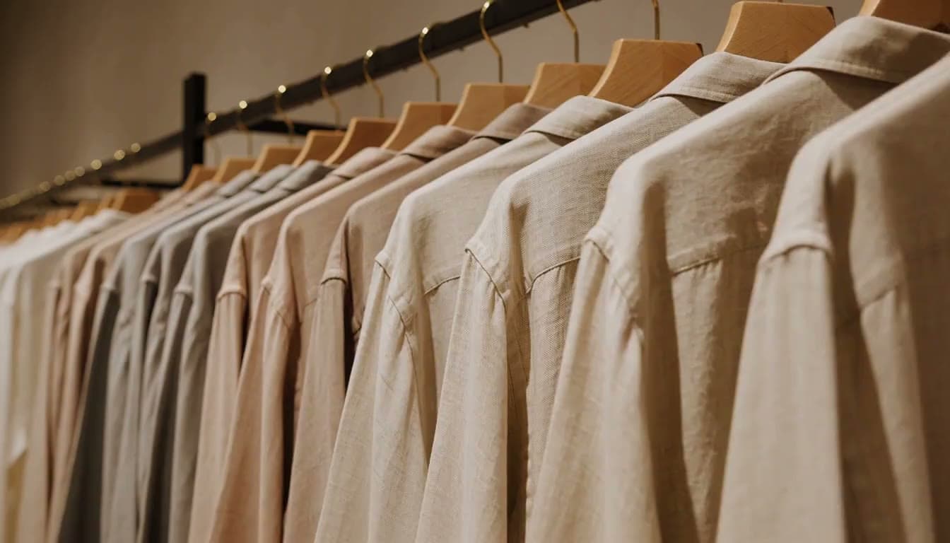 A boutique clothing rail of plain linen shirts in soft neutral colours on wooden hangers, moving very slightly in a draught, warm shop light, plain walls.
