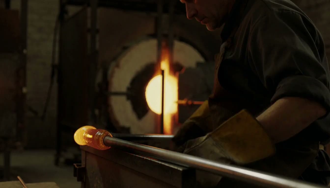 In a glassblowing hot shop, a glassblower seen from the side slowly turns a glowing orange gather of molten glass on the end of a long pipe.