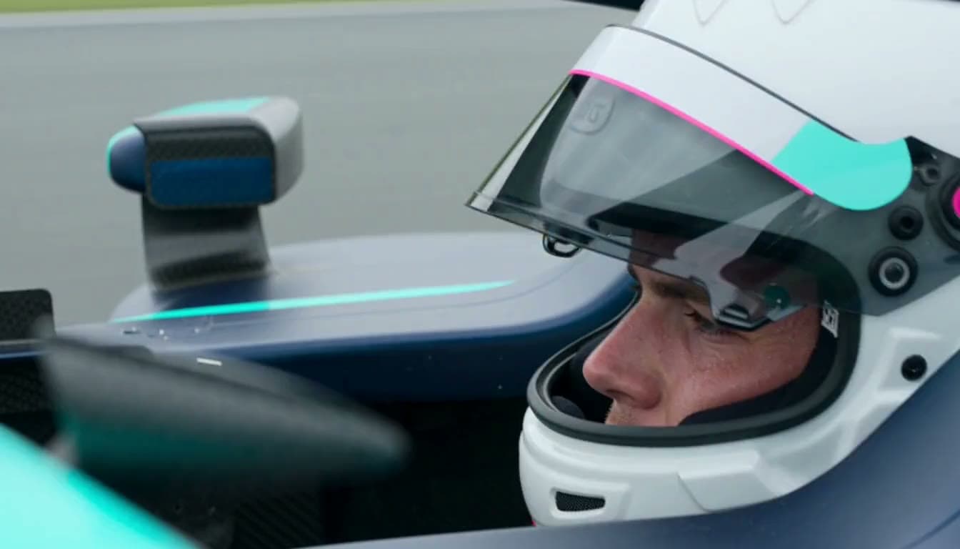 Close-up of a race driver in a white helmet with a cyan and pink band, live action style