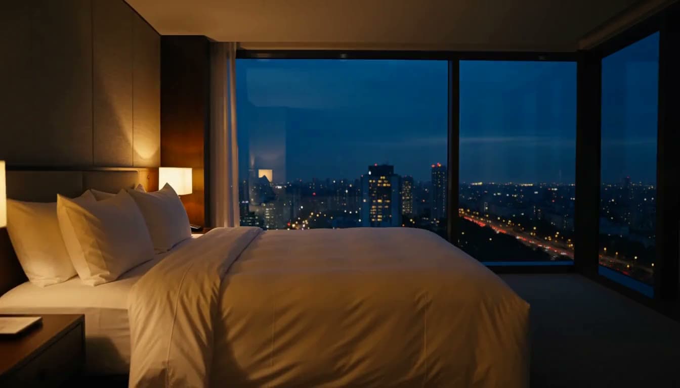 A hotel suite at dusk: a large bed turned down with crisp white linen, a warm bedside lamp glowing, and floor-to-ceiling windows showing city lights coming on.