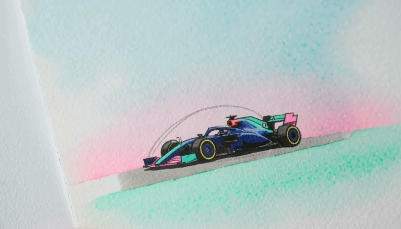 Watercolour drawing of a navy race car on a pink and mint wash