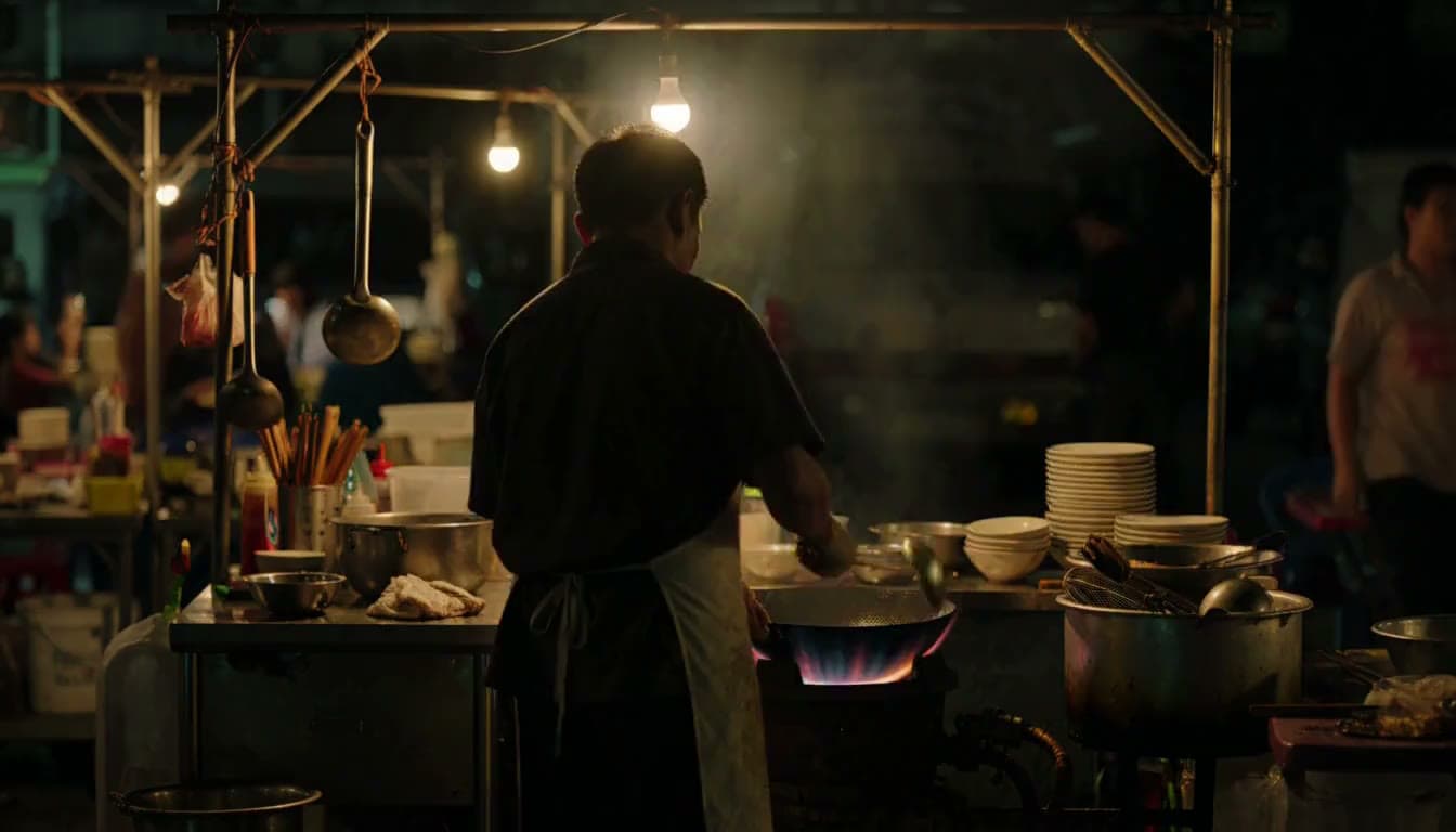 A night market stall: flames leap up from a wok, steam and smoke rising, the cook seen from behind.