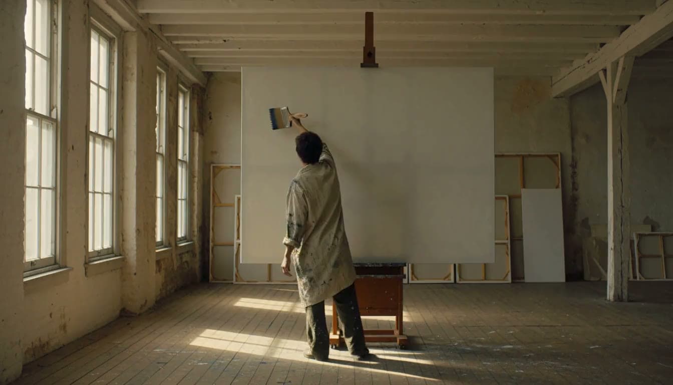 Wide shot of a painter in a sunlit studio sweeping one broad brush stroke across a huge canvas, seen from behind.