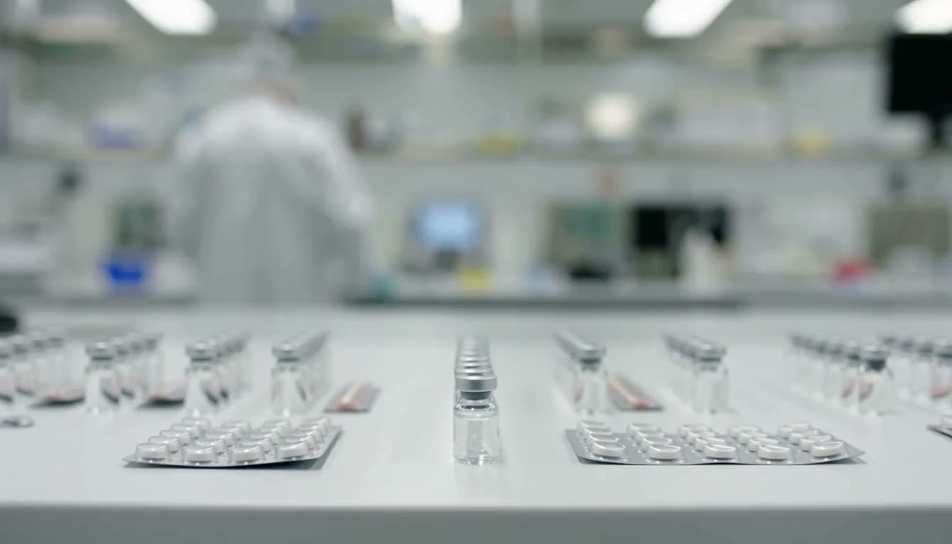 A clean laboratory bench under soft, even cleanroom light: plain unprinted blister packs and small clear glass vials in a neat row on a white work surface, a scientist in a white coat far out of focus in the background.