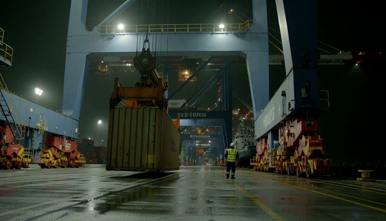 A harbour container crane at night lifts a plain unmarked container, floodlights on the quay.