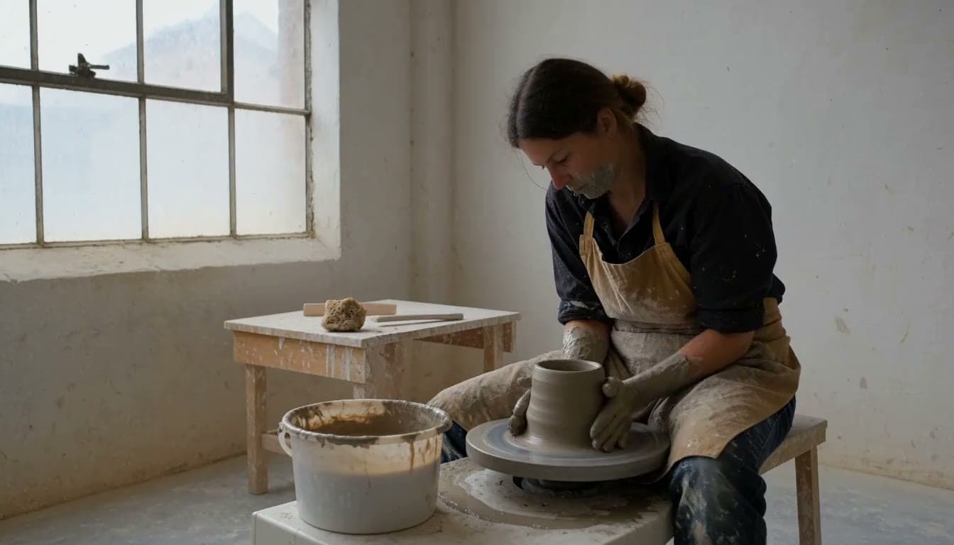 Wide shot of a potter at a spinning wheel in a quiet studio, a clay vessel rising between the potter's hands as the wheel turns.