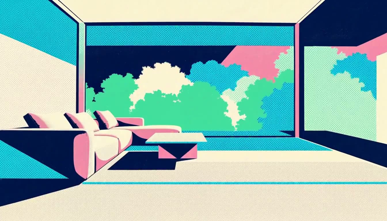 A living room rendered as an animated mid-century screen print