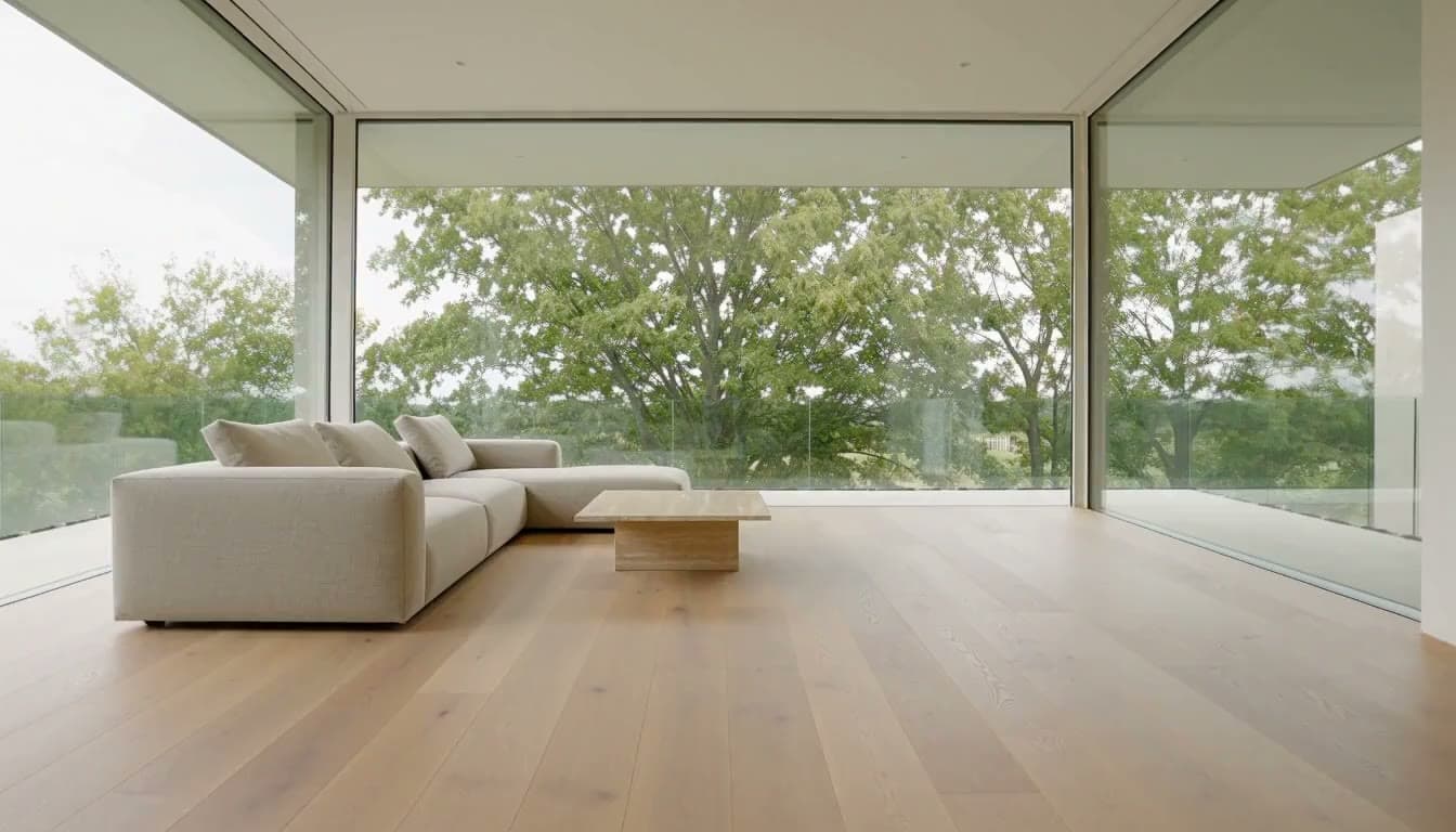 A bright, modern, empty living room with pale oak floors, a linen sofa and a large window looking out over green trees in daylight.