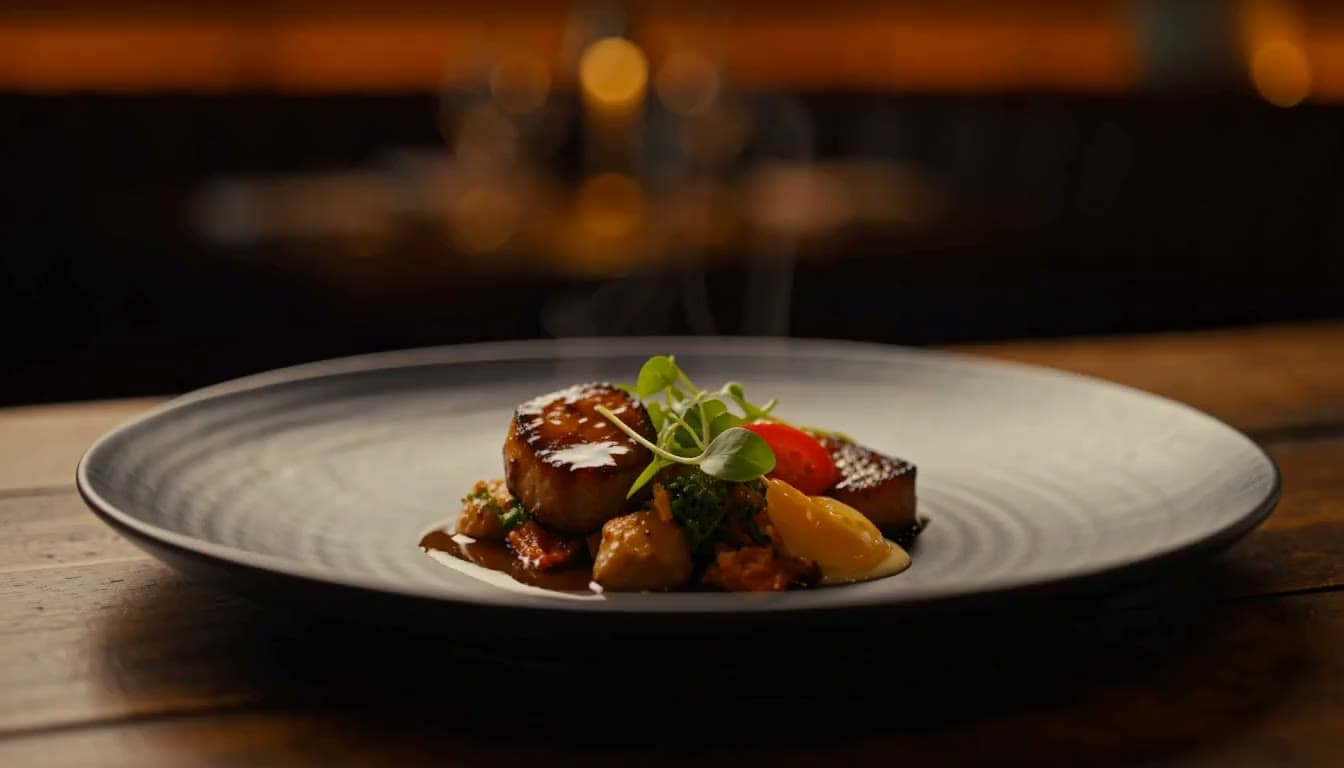 A plated restaurant dish on a matte ceramic plate on a dark wooden table, steam rising gently from it, warm low restaurant light, the room softly blurred behind.