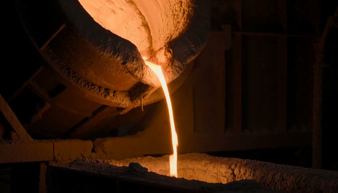 Inside a steelworks, a ladle pours a thick stream of glowing molten metal, bright sparks spraying up.