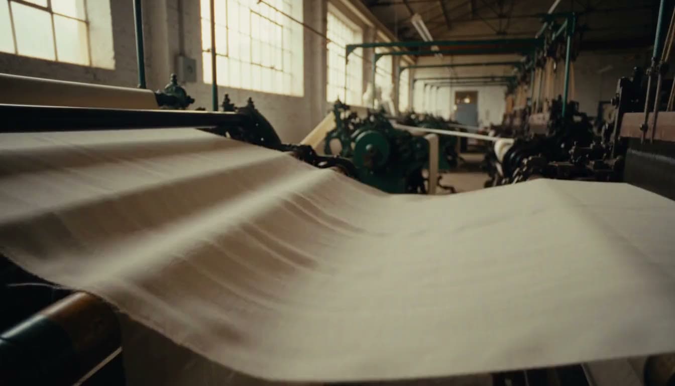 A wide length of pale fabric ripples and flows across an industrial loom in a textile mill, the cloth moving like wind over a field.