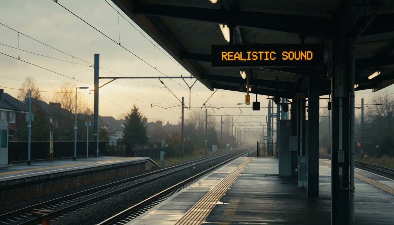Empty railway platform at dawn with an amber display reading REALISTIC SOUND