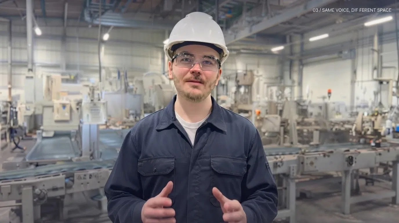 Pavel speaking on a factory floor in a hard hat
