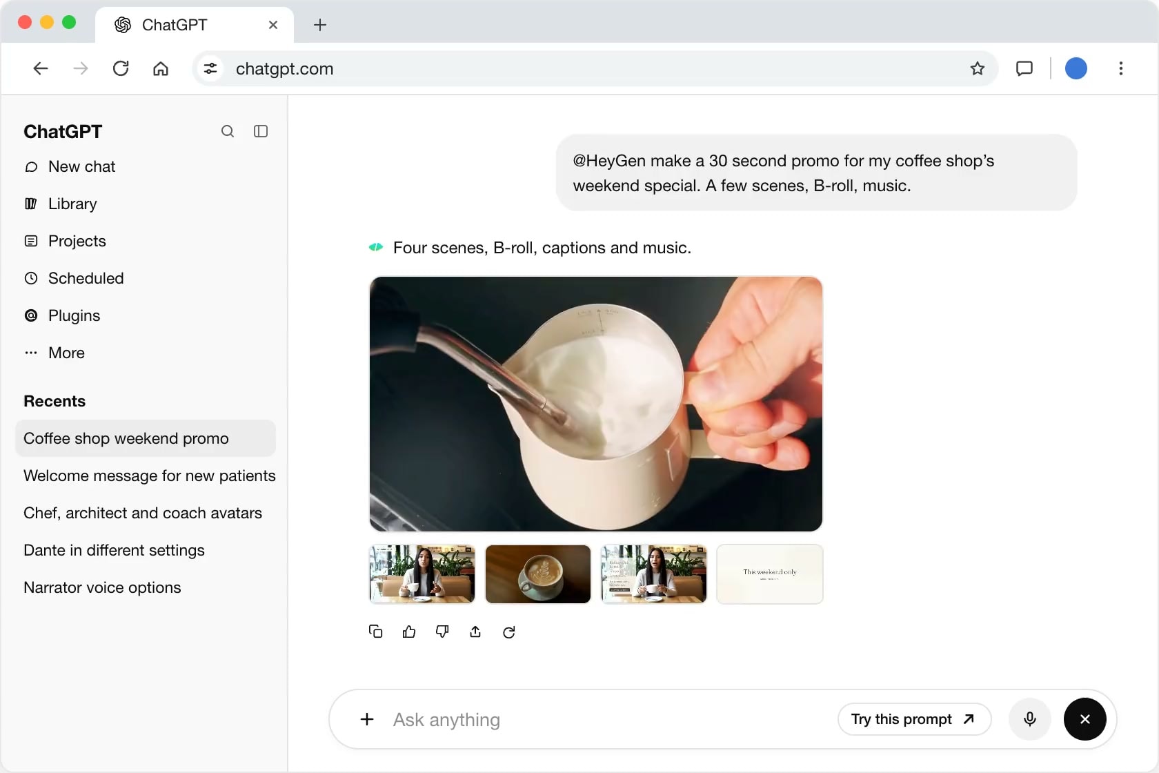 ChatGPT chat. Prompt: “@HeyGen make a 30 second promo for my coffee shop’s weekend special. A few scenes, B-roll, music.” HeyGen replies with the finished video: four scenes, B-roll, captions and music.