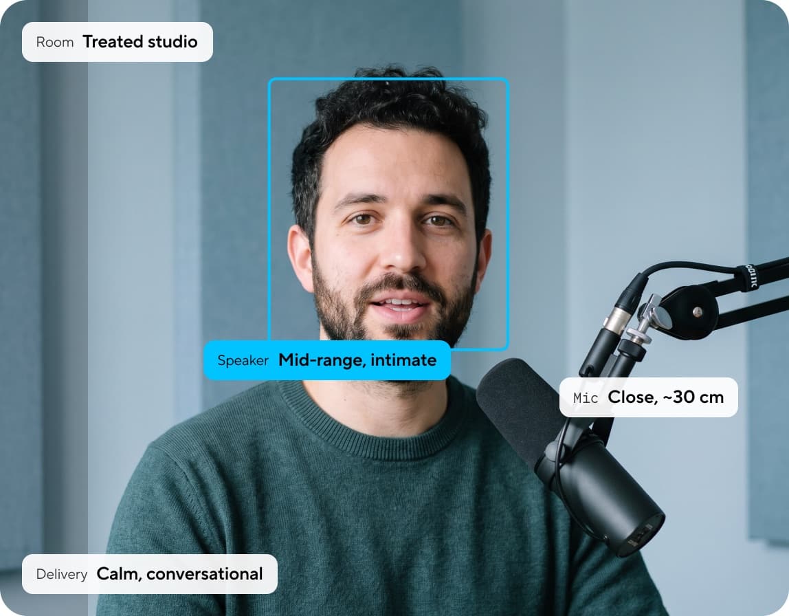 A speaker at a close microphone in a treated studio, annotated: room, speaker, mic and delivery