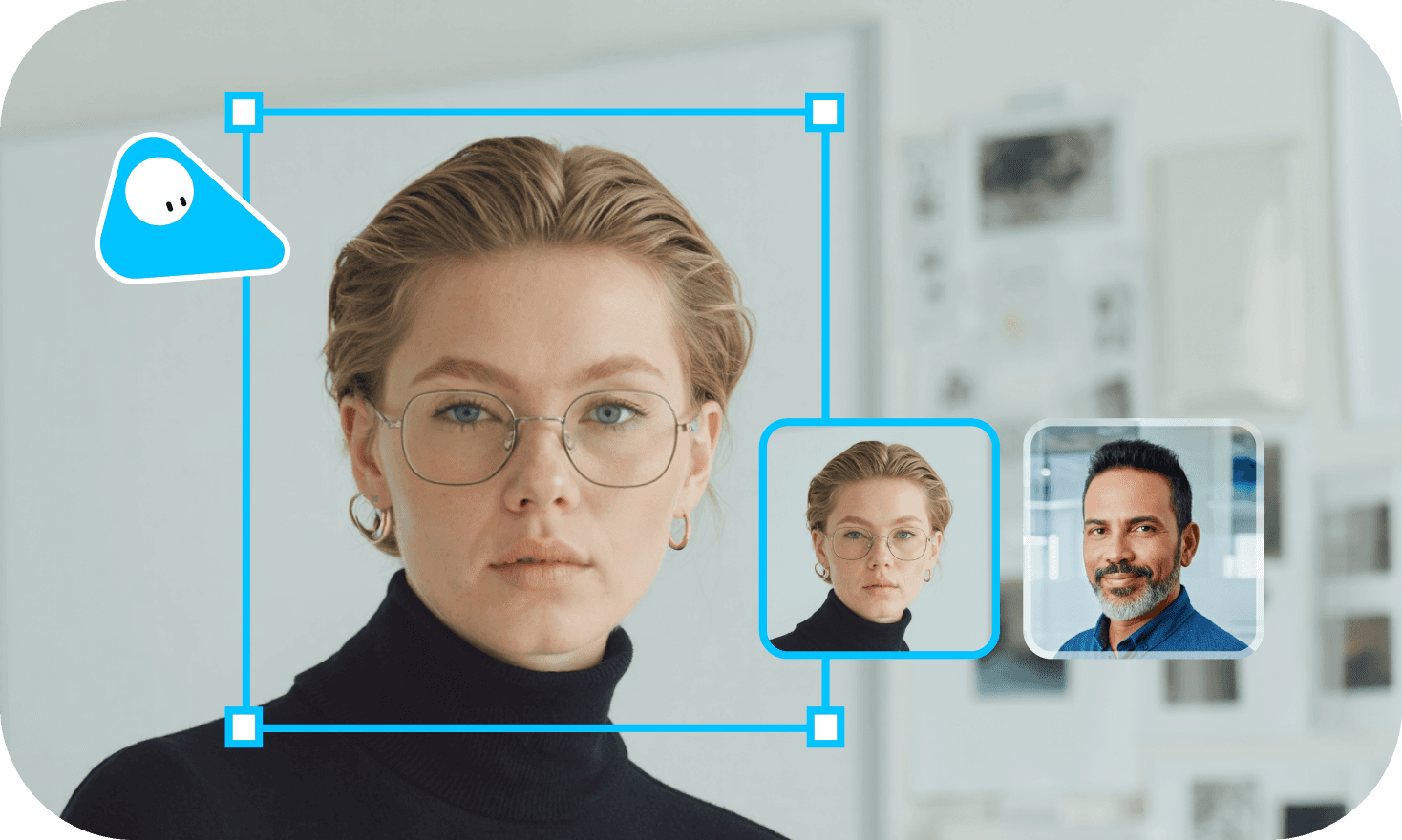 A woman's face in a blue bounding box with a small blue icon, and two smaller face thumbnails next to her.