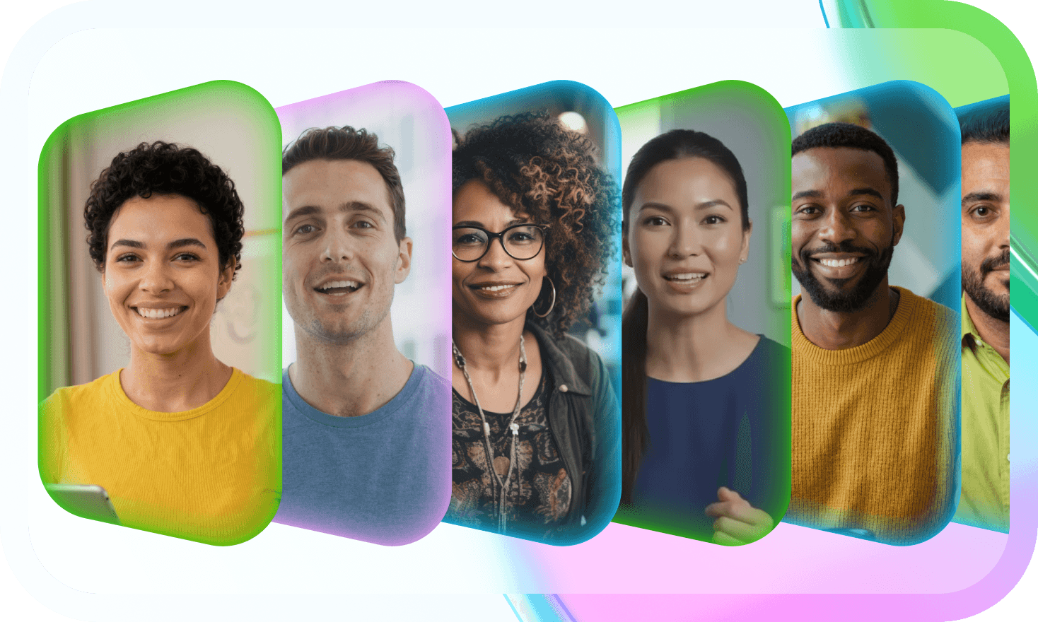 Diverse smiling faces in overlapping, colorful frames.