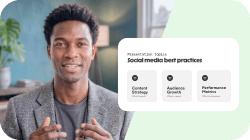 A smiling man gestures next to a floating card titled "Social media best practices."