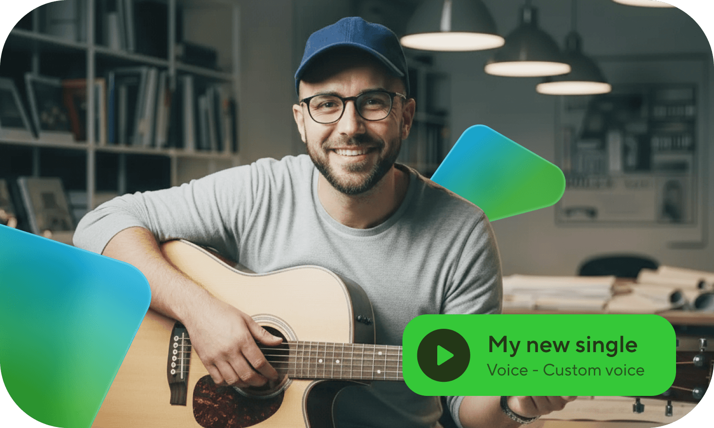 Smiling man in a cap and glasses plays an acoustic guitar, with an overlay button reading "My new single."