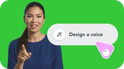 A woman points forward on a green background, next to a 'Design a voice' button being clicked by a pink speech-bubble cursor.
