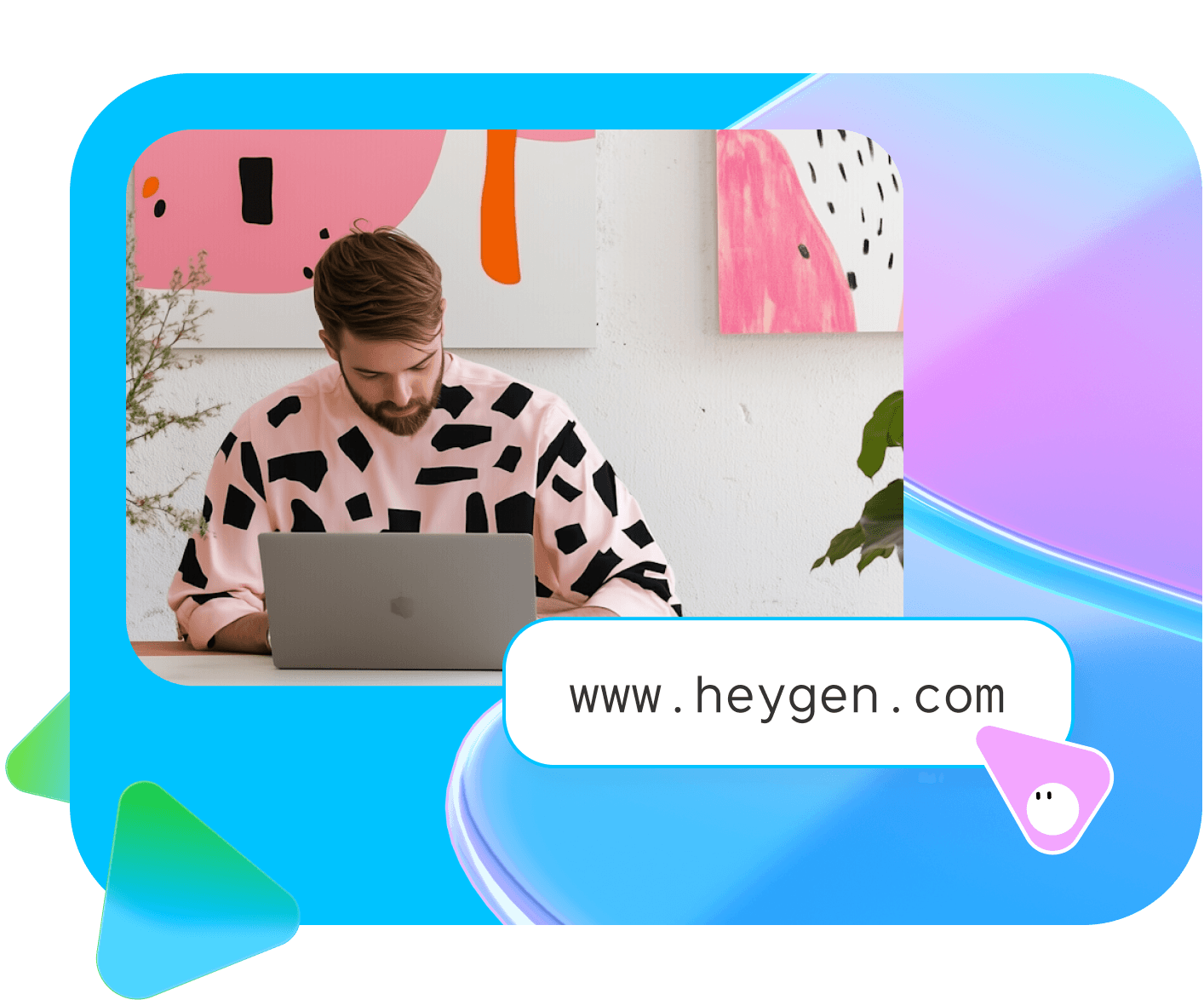 Man in pink patterned shirt using laptop, with "www.heygen.com" in a text bubble and a pink cursor.