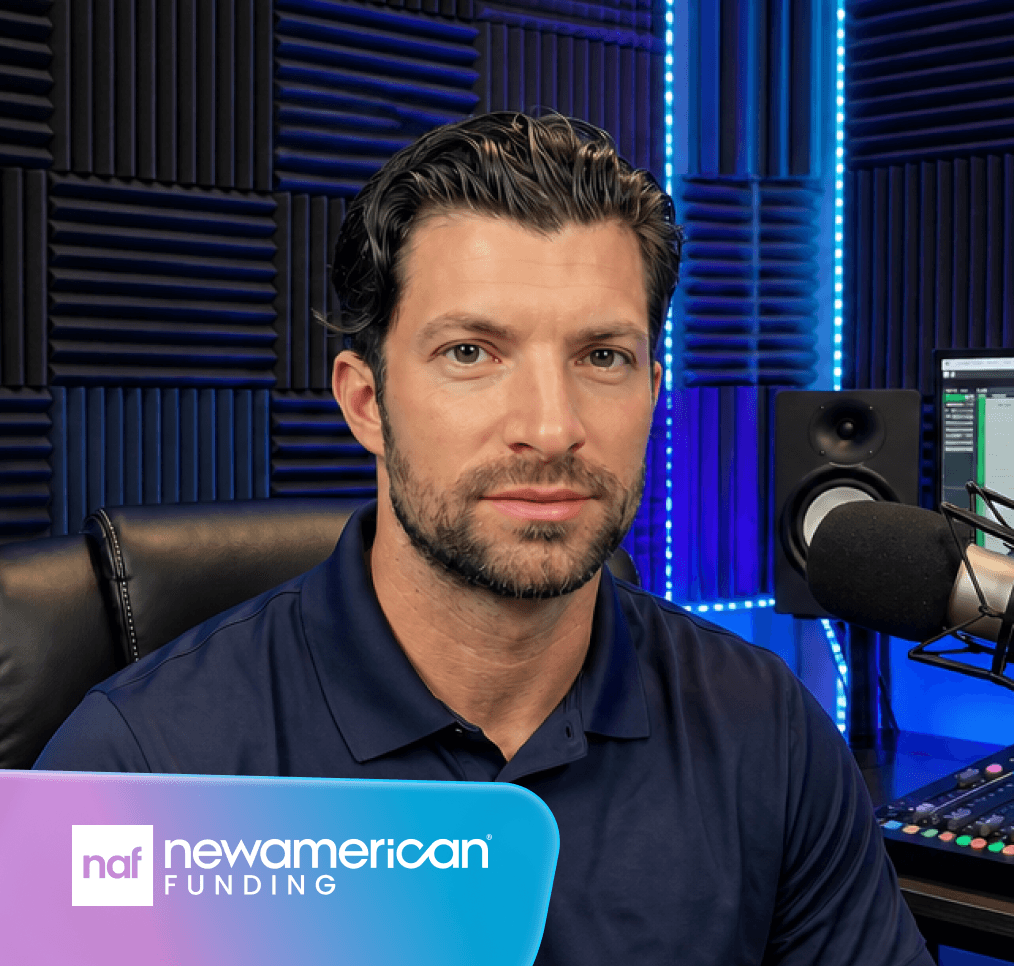 A man with dark hair and a beard in a navy polo shirt sits in a recording studio with blue lights and a New American Funding logo.