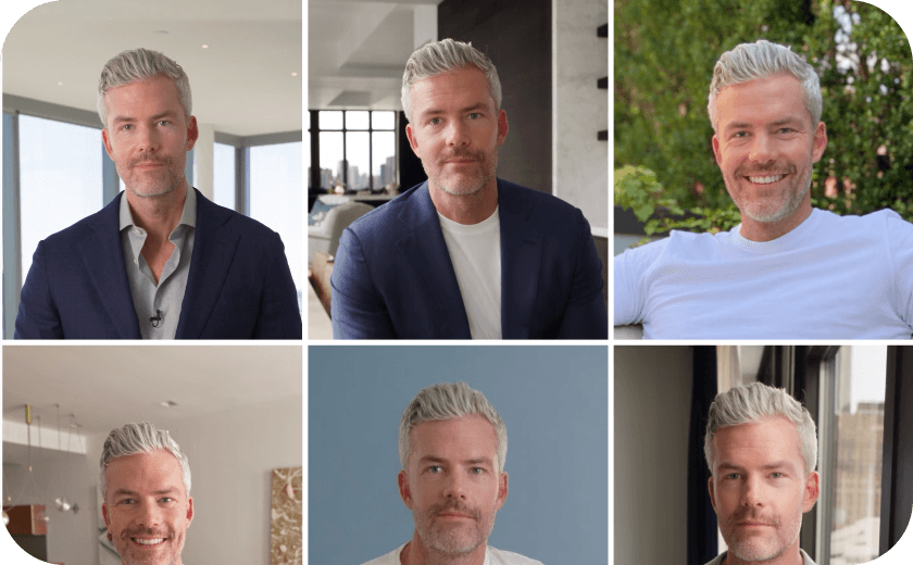 Six images of a man with silver hair and a short beard, showing various expressions and backdrops.