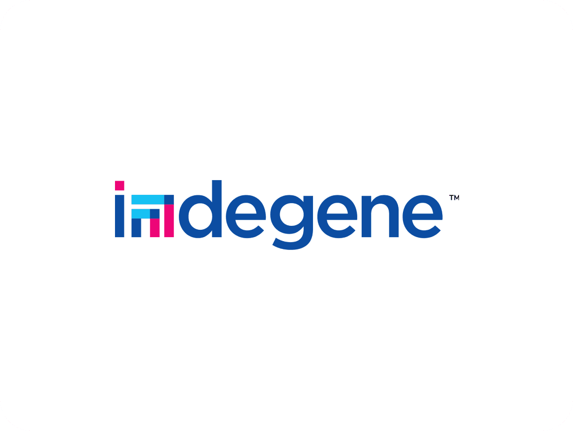 Indegene logo with 'in' made of pink and blue geometric blocks, and 'degene' in blue text.