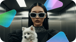 A stylish woman in light gray sunglasses holds a white fluffy dog inside an elevator, with colorful translucent shapes floating around them.