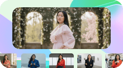 A woman in a ruffled pink top and pearl necklace stands in a flower-covered archway; below are five smaller photos of her in various outfits and environments.