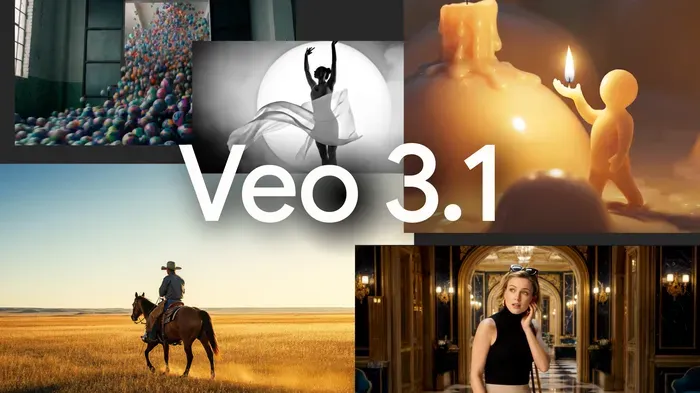 A collage of diverse visuals with the text "Veo 3.1" in the foreground.