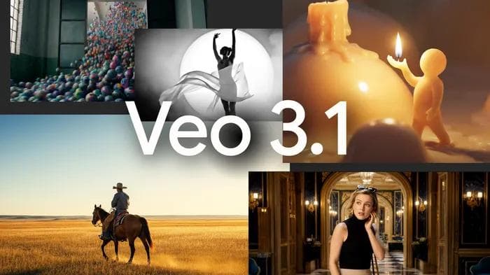 Колаж різноманітних візуалів із текстом «Veo 3.1» на передньому плані.