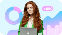 Professional woman with red hair at a laptop, overlaid with data visualizations like a pie chart and upward-trending graphs.
