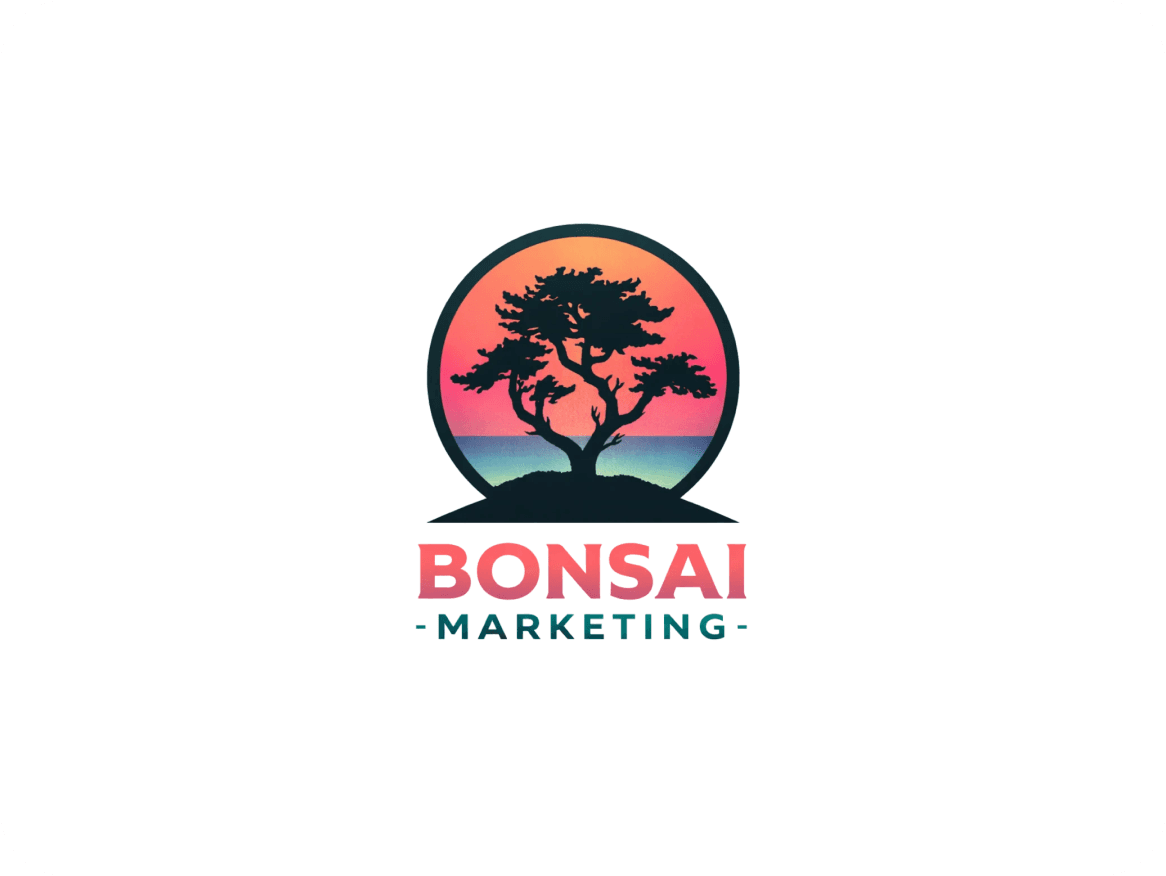 Bonsai Marketing logo featuring a bonsai tree silhouette on land against a colorful sunset circle.