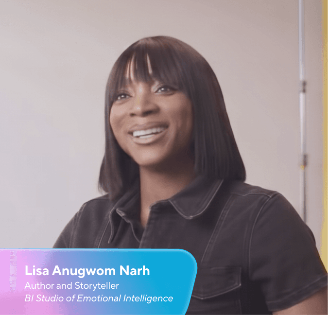 A headshot of Lisa Anugwom Narh smiling, with a graphic identifying her as an author and storyteller at BI Studio of Emotional Intelligence.