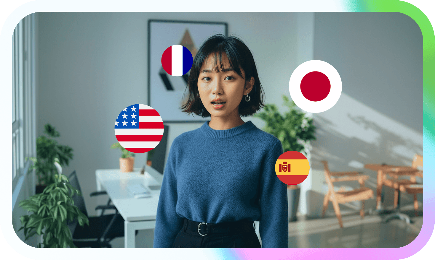 Young woman speaking in an office, surrounded by flags of France, USA, Japan, and Spain.