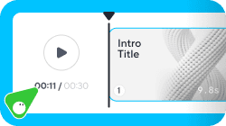 A video editing interface displaying a timeline marker at 00:11 of 00:30, next to a video clip labeled "Intro Title."
