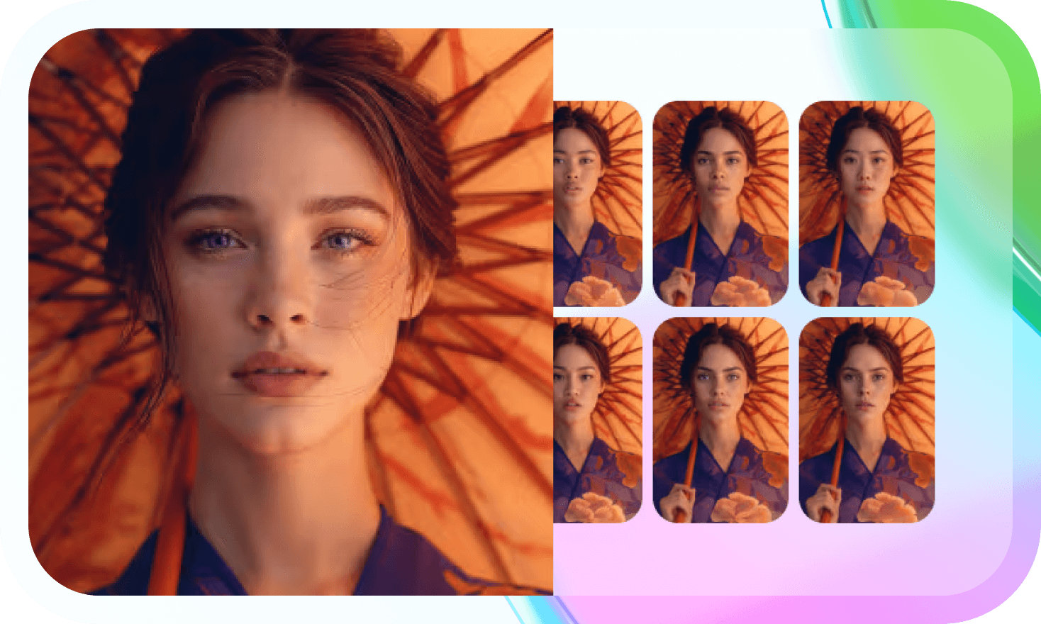 A large portrait of a woman with an orange parasol, next to six smaller images showing variations of women in kimonos with orange parasols.
