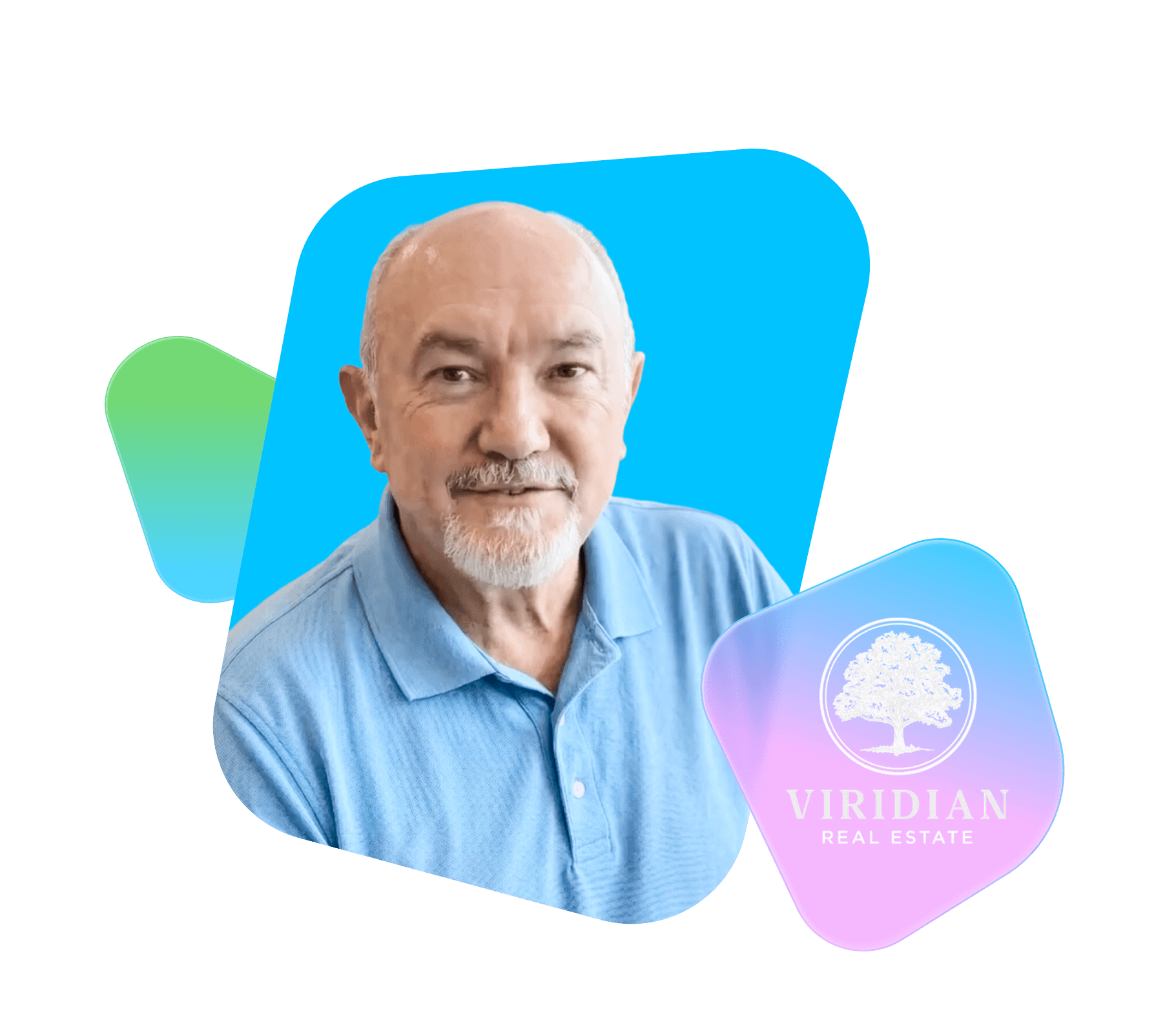 Jim McDonner in a blue shirt beside the Viridian Real Estate logo