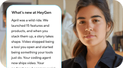 A woman's headshot next to a white text box titled 'What's new at HeyGen'.