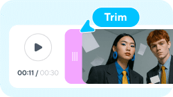 Video editing interface showing a video preview of two professionals with papers, a play button, and a "Trim" option highlighted.