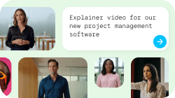 テキスト吹き出し:「新しいプロジェクト管理ソフトの解説動画」と表示されており、周囲には多様な人々の動画サムネイルが並んでいる。