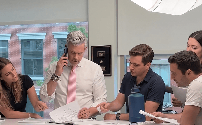 Five colleagues collaborate around a table, reviewing documents; one man is on a phone call.