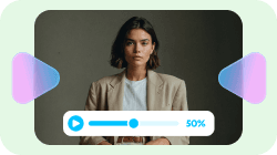 Videospeler met een vrouw in beeld, met een afspeelknop en een voortgangsbalk op 50%.