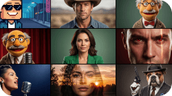 Grid of nine diverse images, including portraits, puppets, and various artistic styles.