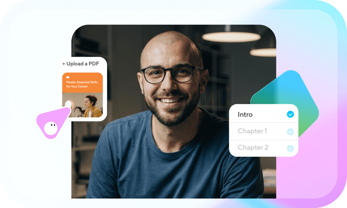 A man smiles, framed by UI elements showing a PDF upload option and a course chapter list.