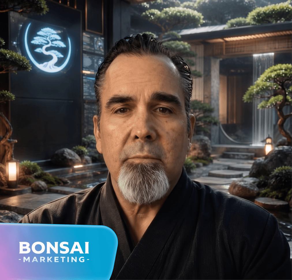 Man with a goatee in a dark uniform in a Japanese garden, with a glowing bonsai logo and “BONSAI MARKETING” text overlay.